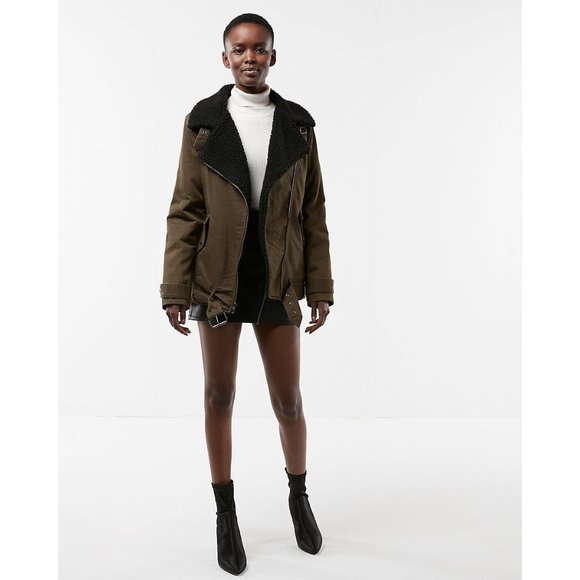 EXPRESS $168 Twill Faux Fur Moto Jacket Army Green Black Fleece Coat XS XSmall - Picture 2 of 4